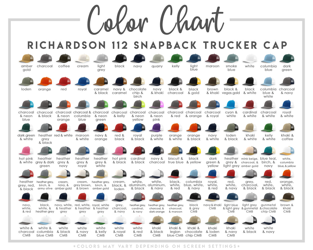 Color chart for Richardson 112 snapback trucker cap with various color options.