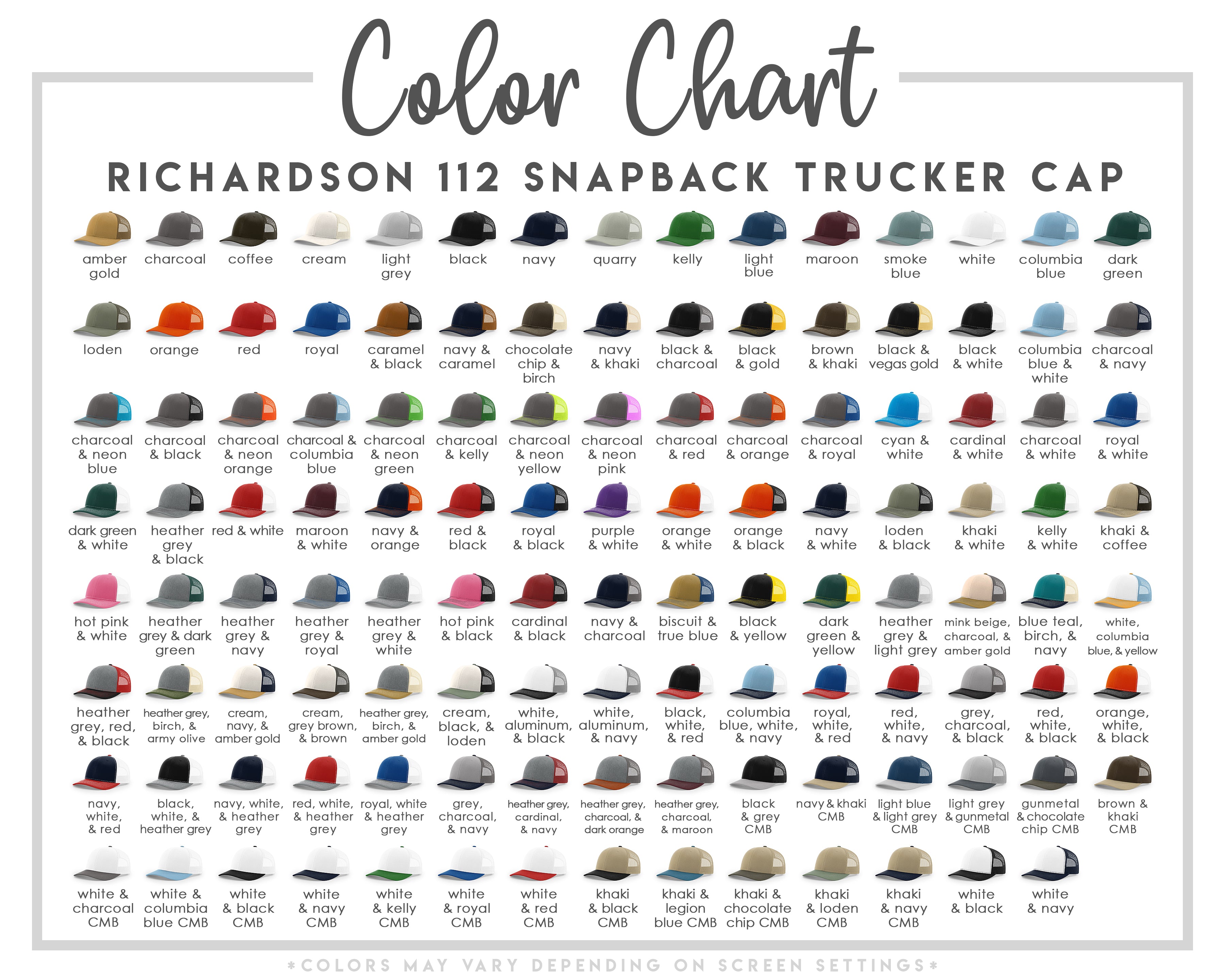 Color chart for Richardson 112 snapback trucker cap with various color options.
