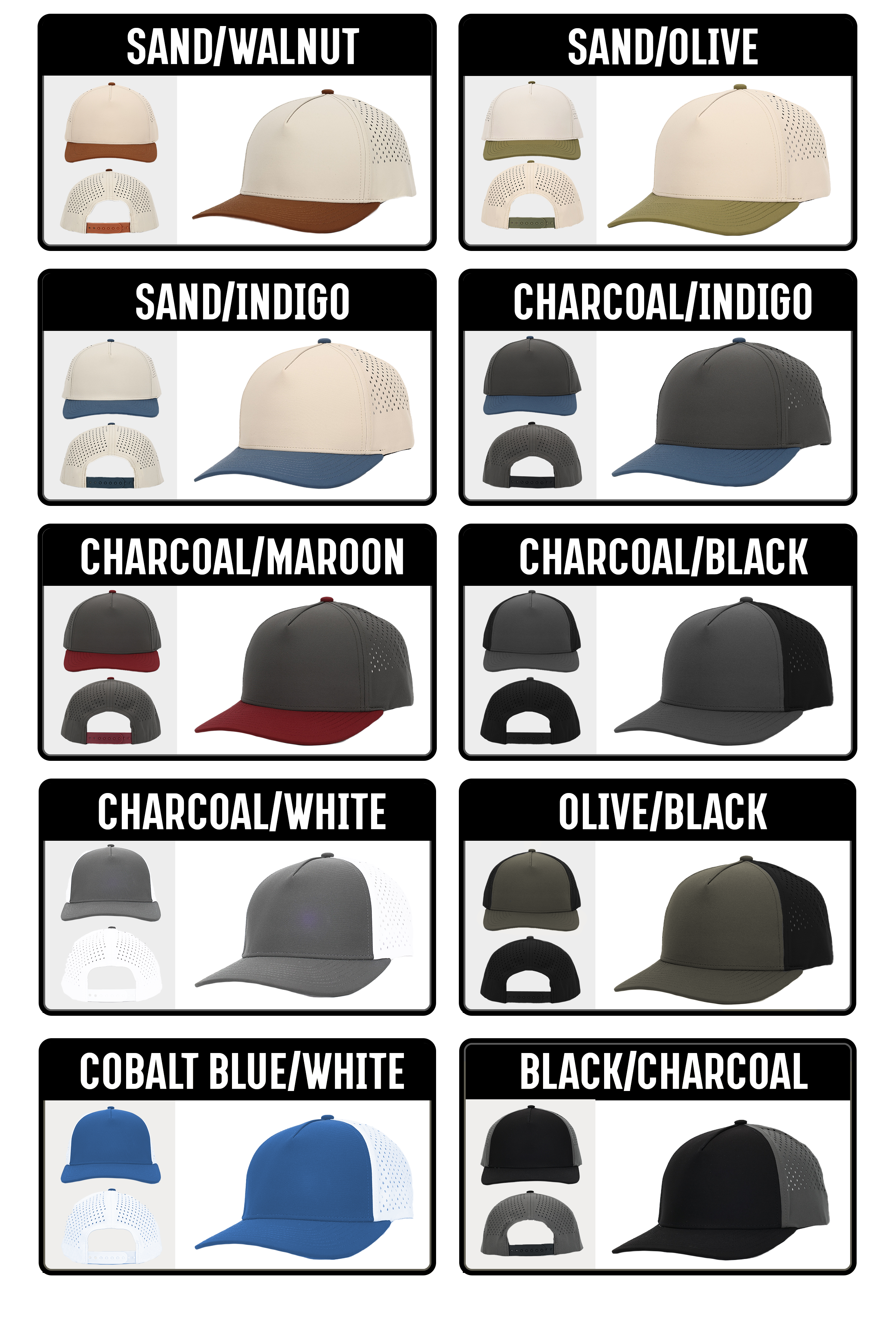 Durra-Bull Headwear color options chart with 5 panel caps.